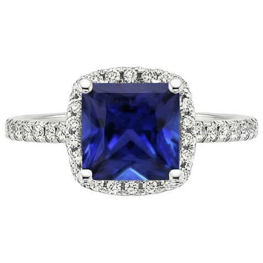 Ceylon-Saphir-Halo-Aus der Erde Abgebauter Natürlicher Diamantring 6 Karat Prinzessschliff mit Akzenten