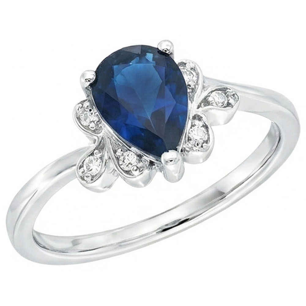 Ceylon-Saphir-Jubiläumsring mit Birnenschliff und Aus der Erde Abgebauter Natürlicher Diamanten 2.30 Ct 14K