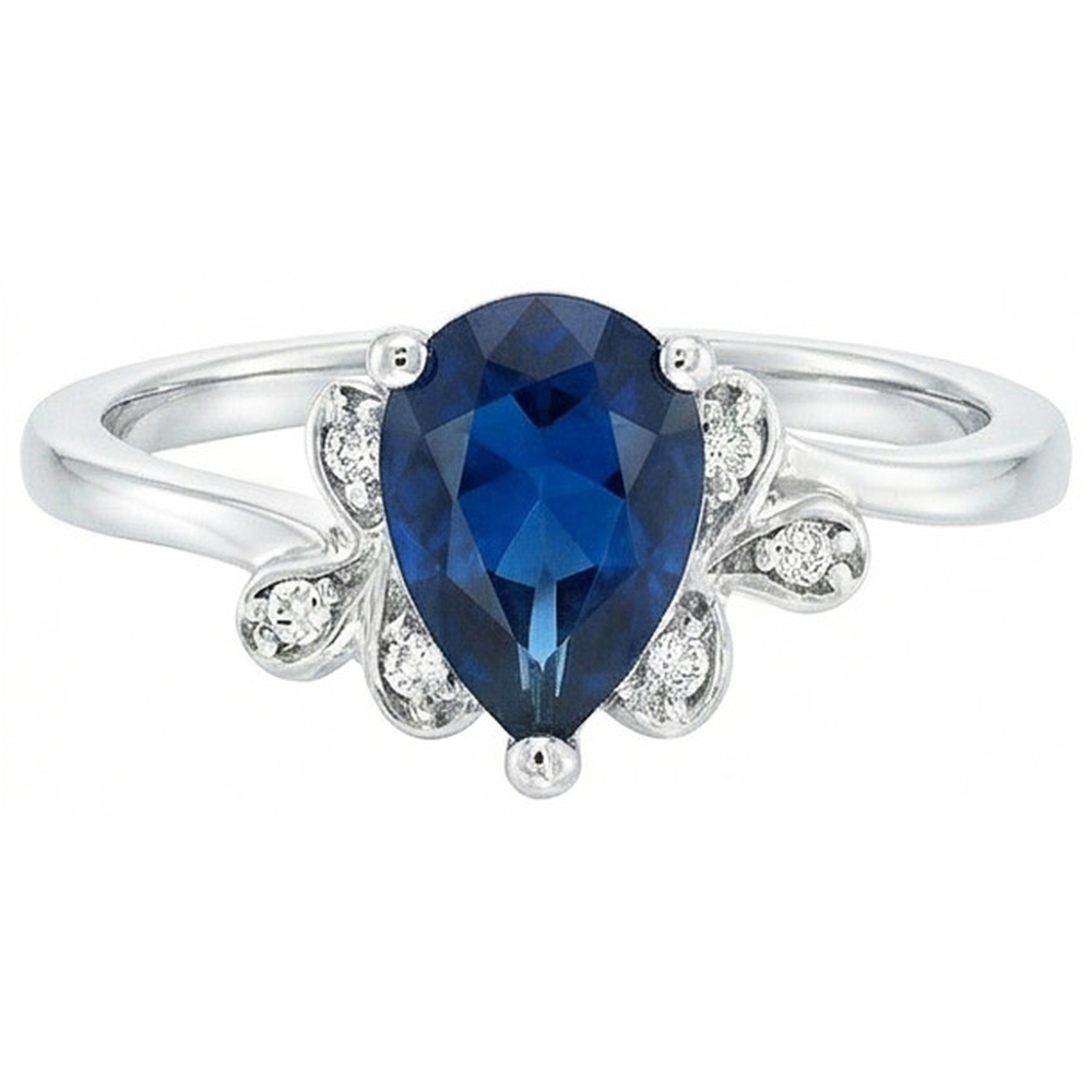 Ceylon-Saphir-Jubiläumsring mit Birnenschliff und Aus der Erde Abgebauter Natürlicher Diamanten 2.30 Ct 14K