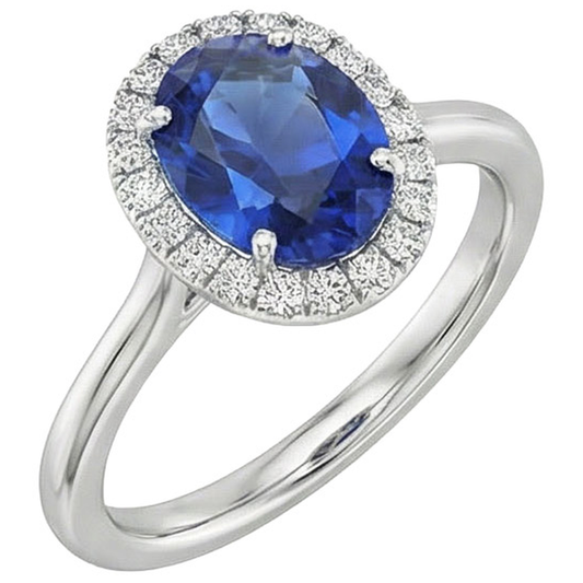 Ceylon Saphir Oval mit Aus der Erde Abgebauter Natürlicher Diamanten Ring 3 Karat Weißgold 14K