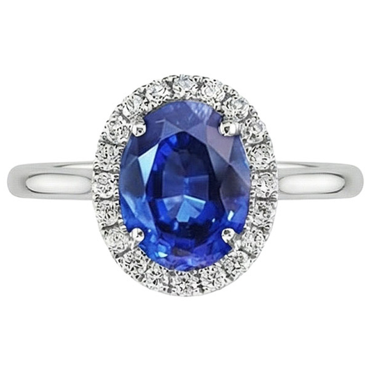 Ceylon Saphir Oval mit Aus der Erde Abgebauter Natürlicher Diamanten Ring 3 Karat Weißgold 14K