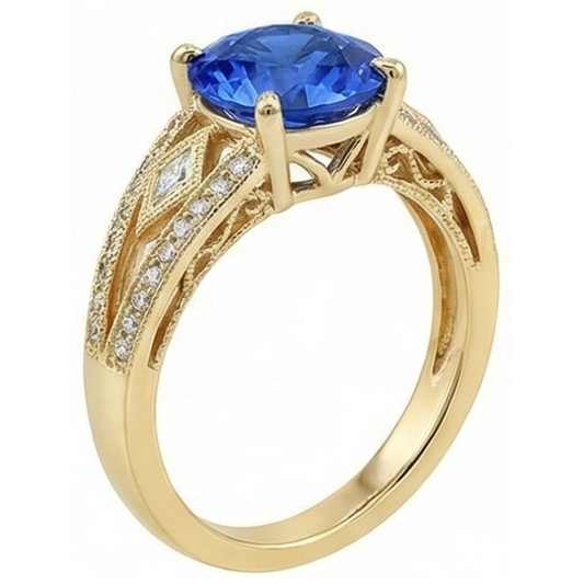 Ceylon Saphir Runde Aus der Erde Abgebauter Natürlicher Diamanten 3.76 Ct Ring Antik-Stil