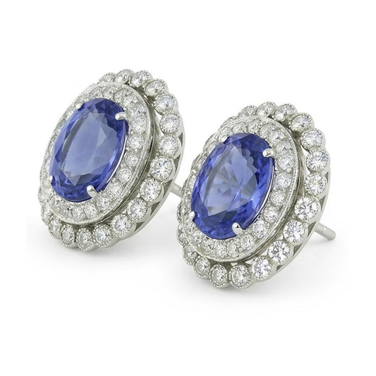 Ceylon Saphir Runde Oval Aus der Erde Abgebauter Natürlicher Diamant Halo Ohrstecker 5.50 Ct. WG 14K