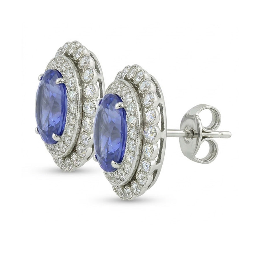Ceylon Saphir Runde Oval Aus der Erde Abgebauter Natürlicher Diamant Halo Ohrstecker 5.50 Ct. WG 14K
