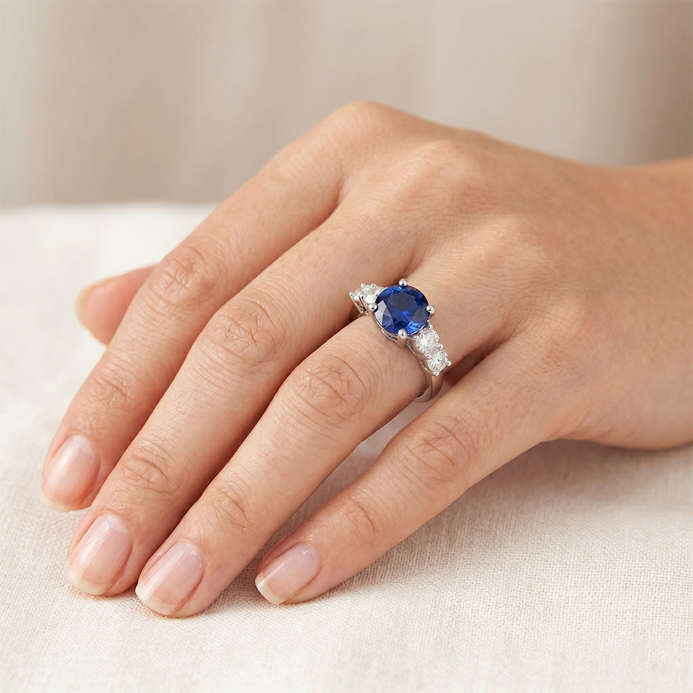 Ceylon Saphir & Aus der Erde Abgebauter Natürlicher Diamanten Edelstein Ring 2.90 Karat Weißgold 14K