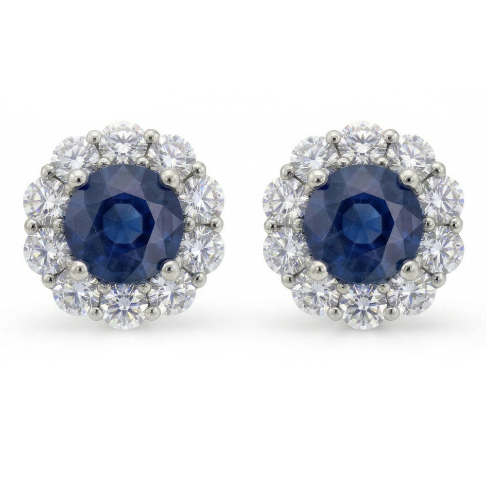 Ceylon Saphir im Rundschliff 4,50 ct mit Aus der Erde Abgebauter Natürlicher Diamanten Ohrstecker Halo Weißgold