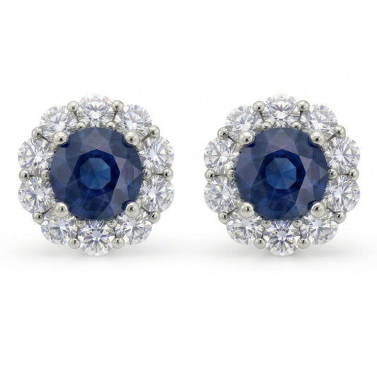 Ceylon Saphir im Rundschliff 4,50 ct mit Aus der Erde Abgebauter Natürlicher Diamanten Ohrstecker Halo Weißgold