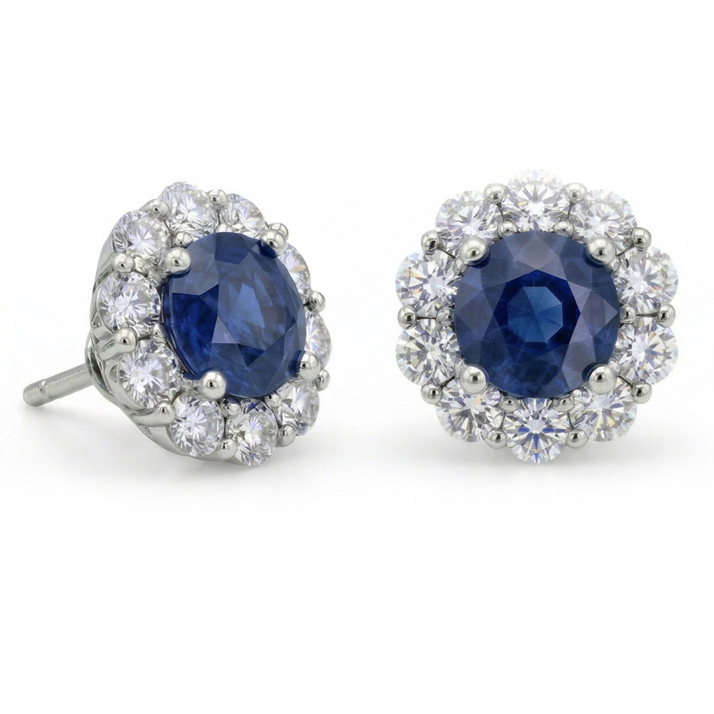 Ceylon Saphir im Rundschliff 4,50 ct mit Aus der Erde Abgebauter Natürlicher Diamanten Ohrstecker Halo Weißgold