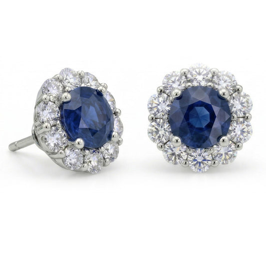 Ceylon Saphir im Rundschliff 4,50 ct mit Aus der Erde Abgebauter Natürlicher Diamanten Ohrstecker Halo Weißgold