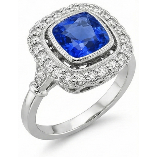 Ceylon Saphir und Aus der Erde Abgebauter Natürlicher Diamant Fancy Damenring Gold 14K 2 ct.
