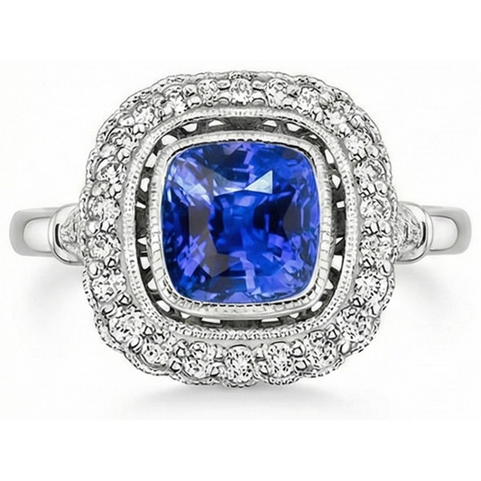 Ceylon Saphir und Aus der Erde Abgebauter Natürlicher Diamant Fancy Damenring Gold 14K 2 ct.