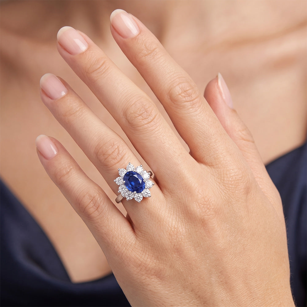 Ceylon Saphir und Aus der Erde Abgebauter Natürlicher Diamanten 3.50 ct Ring Weißgold 14K