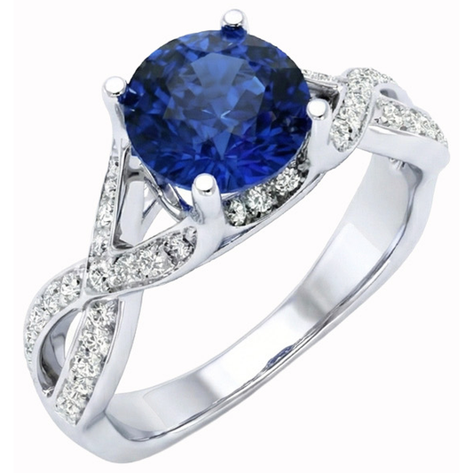 Ceylon Saphir und runde Aus der Erde Abgebauter Natürlicher Diamanten 3 Karat Ring Weißgold 14K
