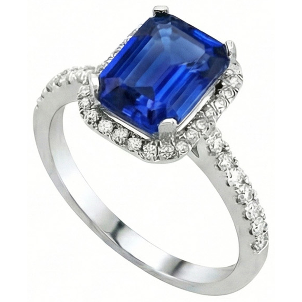 Ceylon blauer Saphir mit Aus der Erde Abgebauter Natürlicher Diamanten Ring 3.50 ct Weißgold 14K