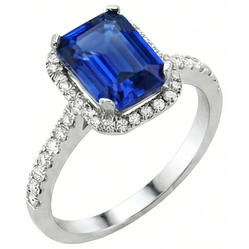 Ceylon blauer Saphir mit Aus der Erde Abgebauter Natürlicher Diamanten Ring 3.50 ct Weißgold 14K
