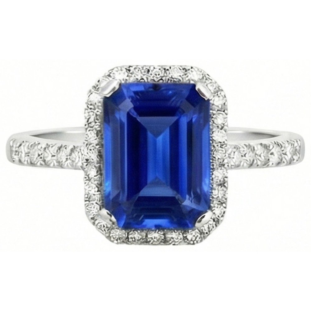 Ceylon blauer Saphir mit Aus der Erde Abgebauter Natürlicher Diamanten Ring 3.50 ct Weißgold 14K