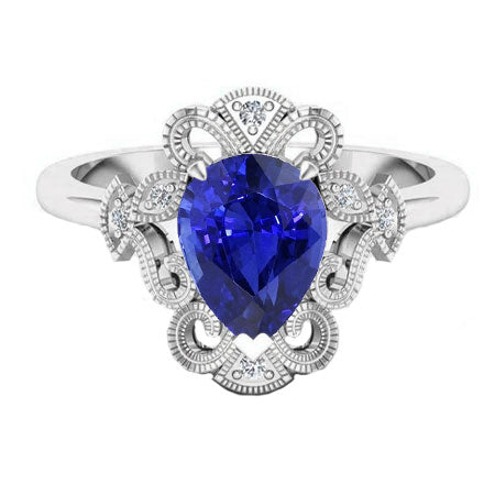 Royalblauer Saphir Tropfen-Schliff Schmuckstein-Ring in 14K Weißgold – Schrägansicht