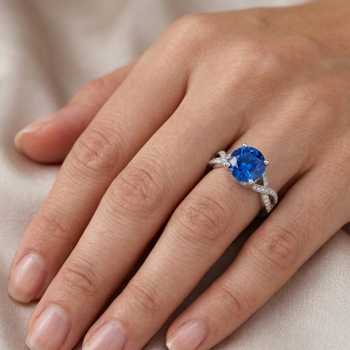 Ceylon Saphir und runde Aus der Erde Abgebauter Natürlicher Diamanten 3 Karat Ring Weißgold 14K