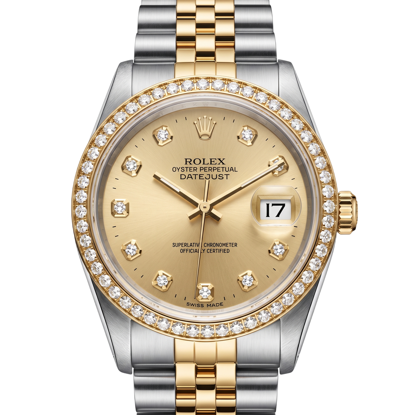Champagner-Diamant-Zifferblatt, Lünette, Rolex Datejust-Uhr, Gold und Stahl, SCHNELLSET