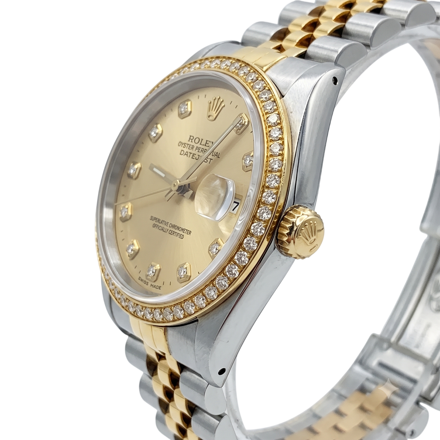 Champagner-Diamant-Zifferblatt, Lünette, Rolex Datejust-Uhr, Gold und Stahl, SCHNELLSET