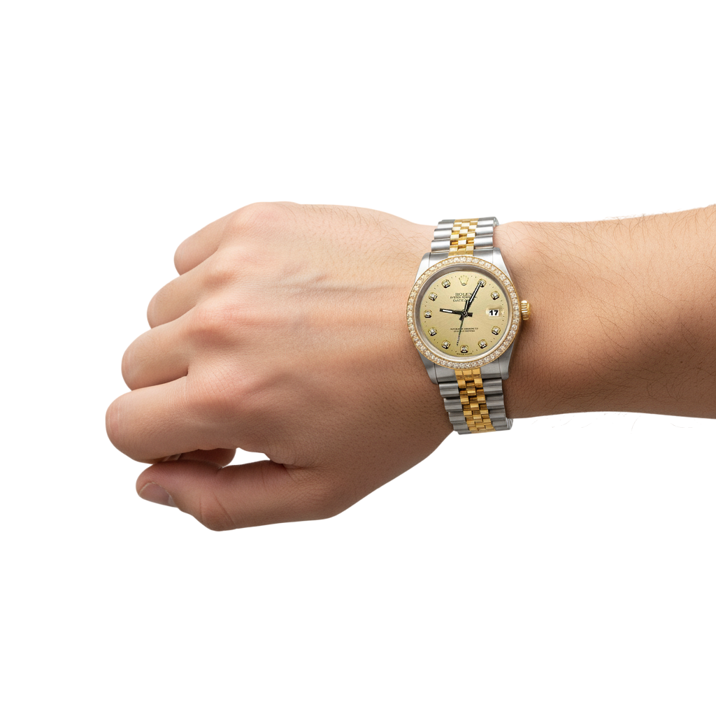 Champagner-Diamant-Zifferblatt, Lünette, Rolex Datejust-Uhr, Gold und Stahl, SCHNELLSET