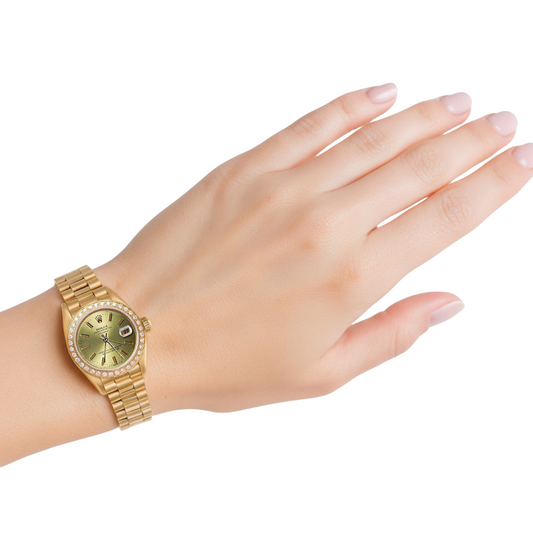 Champagner Stick-Zifferblatt Rolex Präsidentenstil Uhr Date just Lünette Gold P2