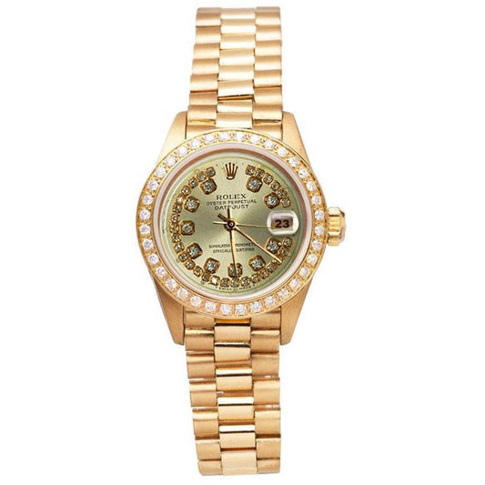 Champagner Zeichenfolge Diamant Zifferblatt Rolex Datejust Betrachten Gelbgold Präsidentenstil
