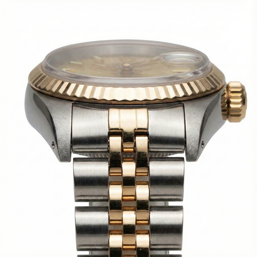 Champagnerfarbenes Zifferblatt, Rolex Date Just Edelstahl und gelbe Damenuhr