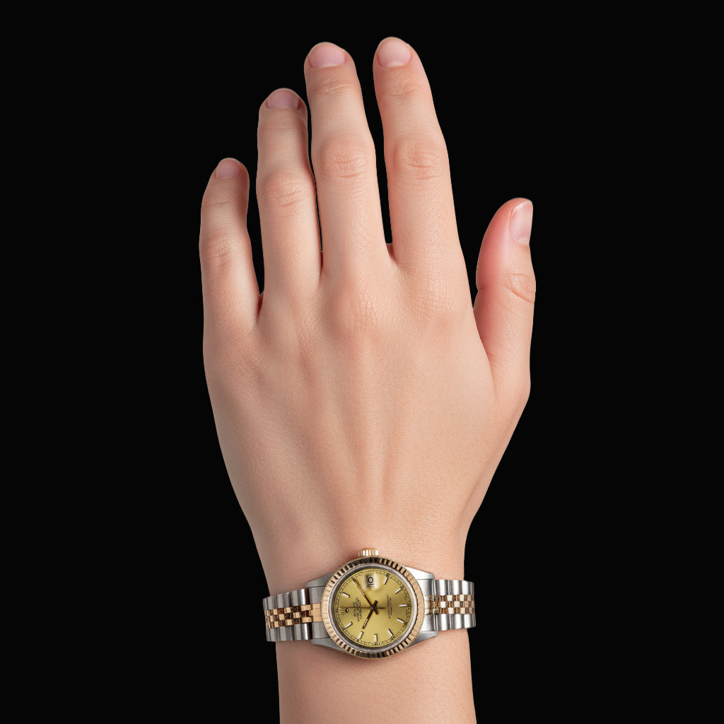 Champagnerfarbenes Zifferblatt, Rolex Date Just Edelstahl und gelbe Damenuhr P2