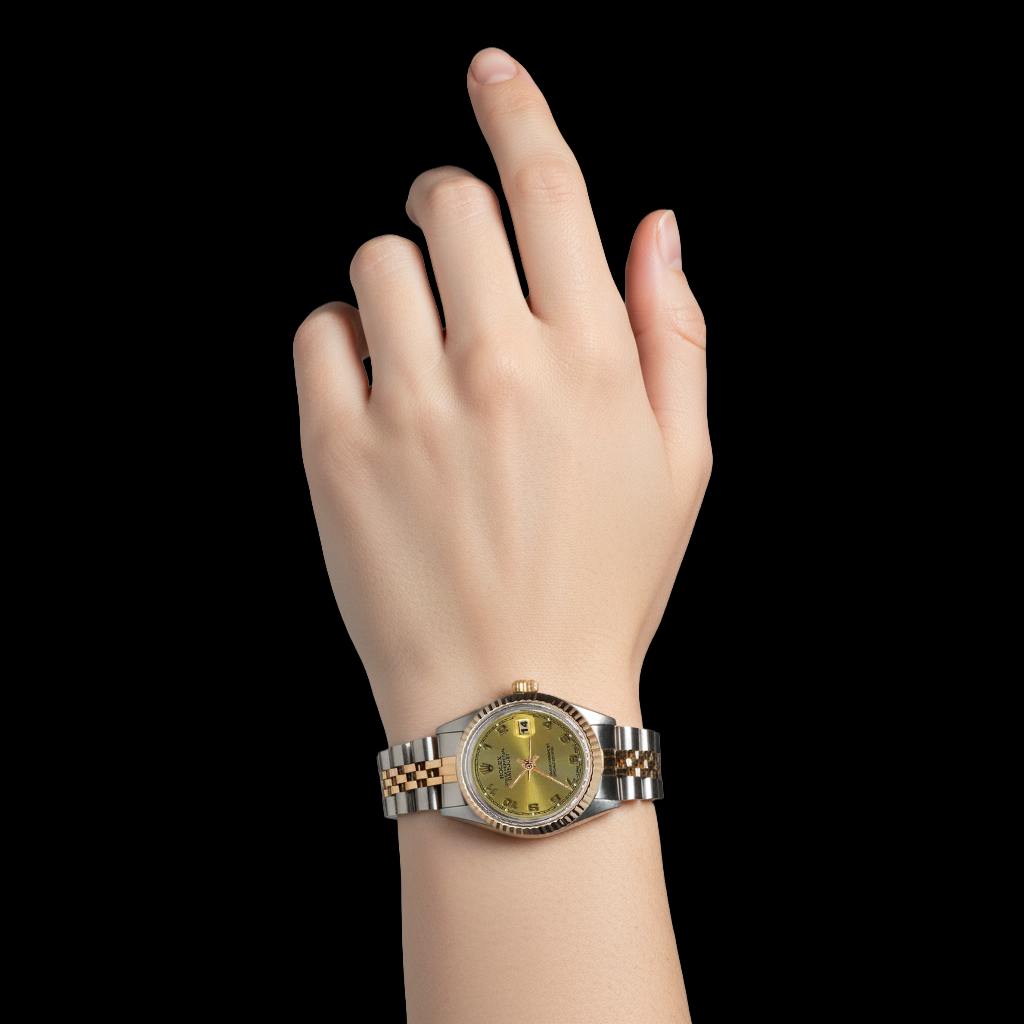 Champagnerfarbenes arabisches Zifferblatt, Edelstahl und Gelbgold, Jubilee Dame Rolex Datejust P2