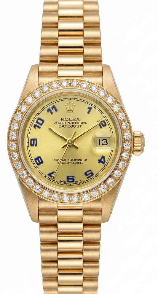 Champagnerfarbenes arabisches Zifferblatt, Rolex DateJust-Uhr, Gold, Präsidentin-Stil, Diamant