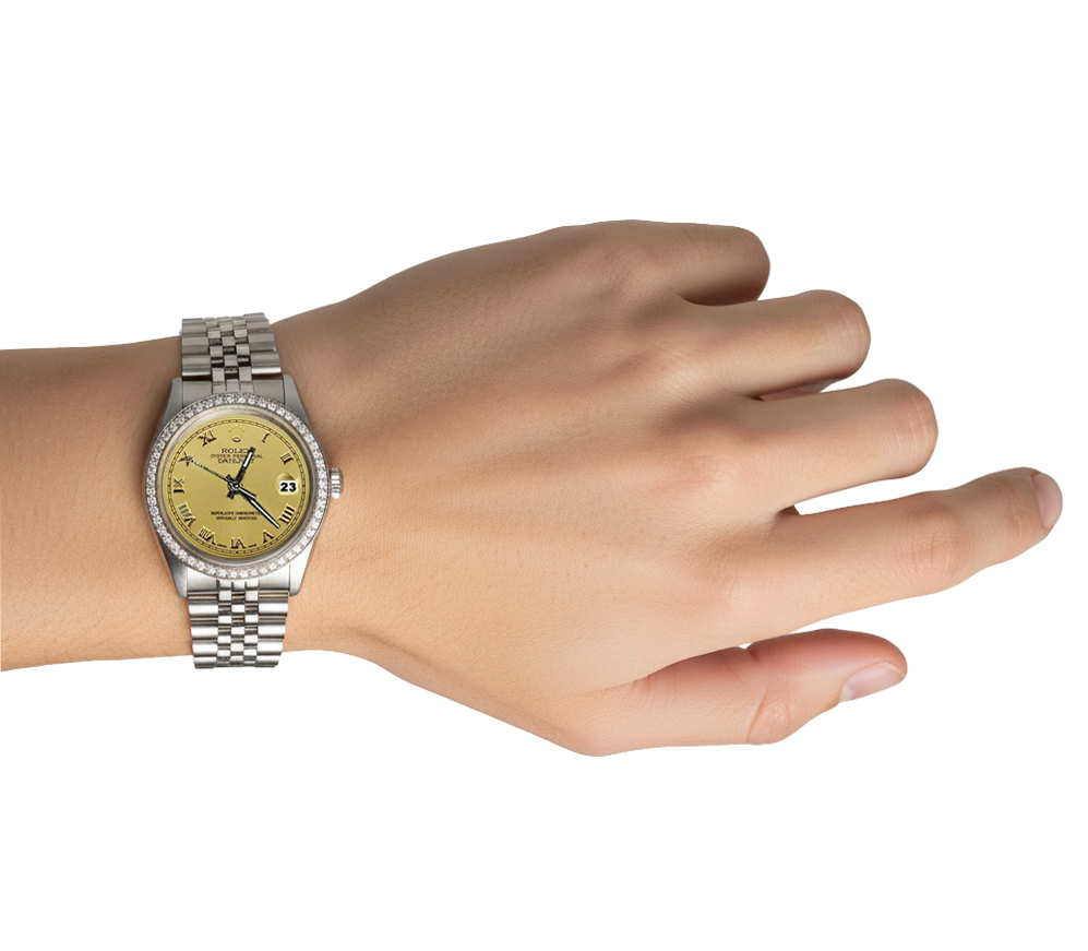 Champagnerfarbenes römisches Zifferblatt, Diamant-Lünette, Edelstahl-Uhr, Rolex-Datum, nur SCHNELLES SETZEN