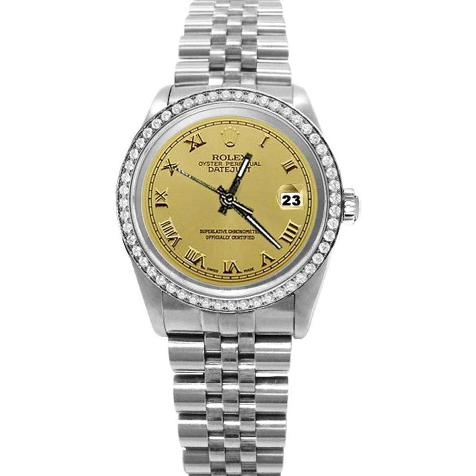 Champagnerfarbenes römisches Zifferblatt, Diamant-Lünette, Edelstahl-Uhr, Rolex-Datum, nur SCHNELLES SETZEN