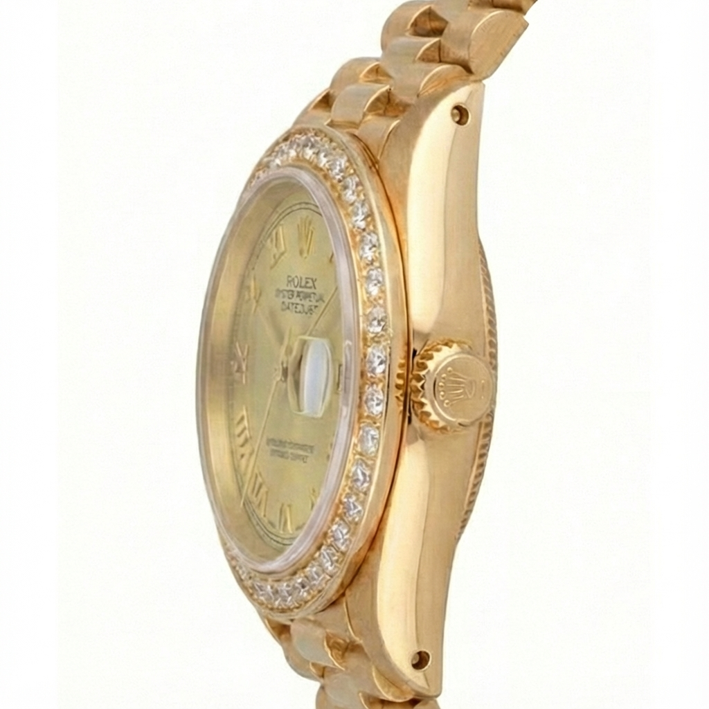 Champagnerfarbenes römisches Zifferblatt, Rolex Datejust-Uhr, Präsidenten-Stil, Armband Gold