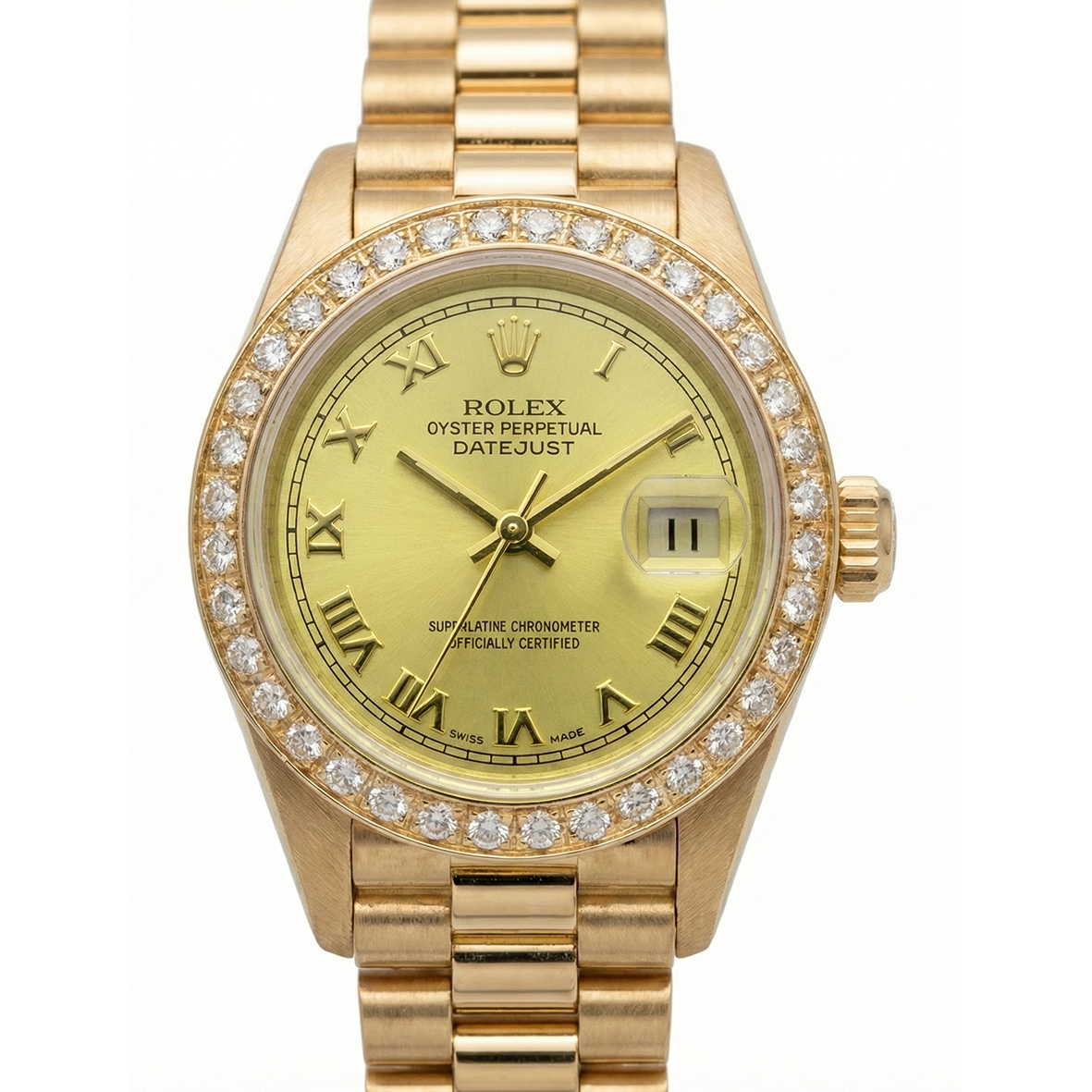 Champagnerfarbenes römisches Zifferblatt, Rolex Datejust-Uhr, Präsidenten-Stil, Armband Gold