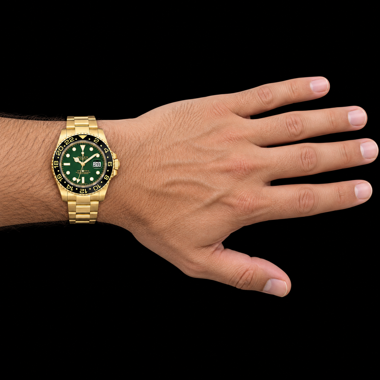 Rolex GMT-Master II 116718 40 mm Gelbgold-Uhr mit grünem Leuchtzifferblatt