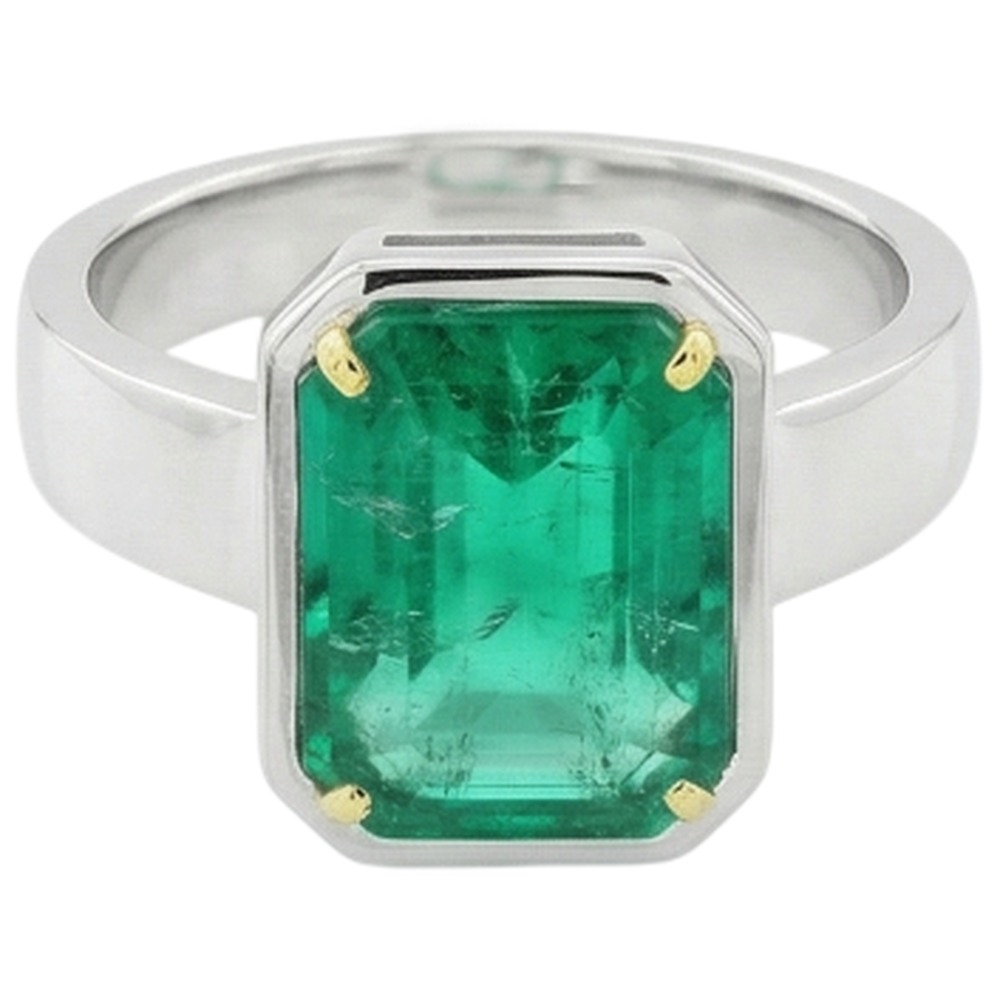 Treppen-Schliff Edler Smaragd Ring in 14 Karat Zweifarbig Gold – Frontansicht