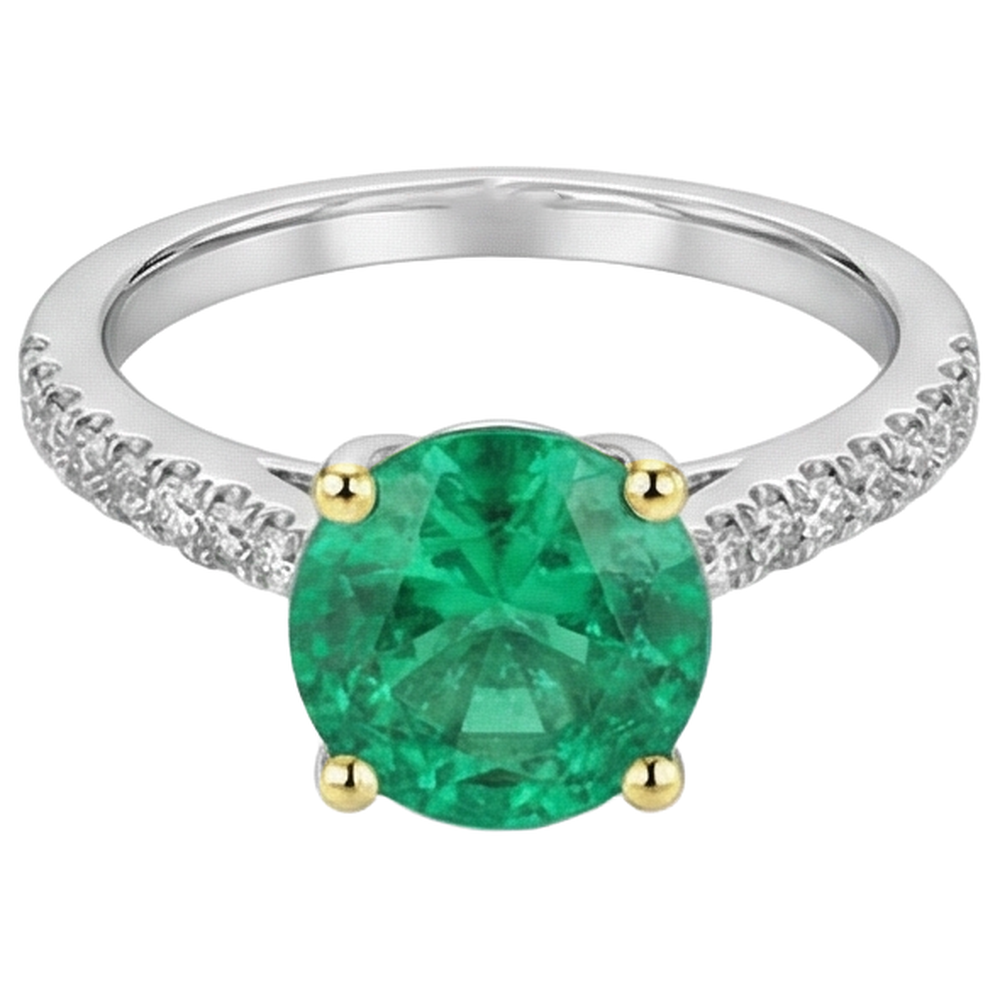 Erdgewonnener Kolumbianischer Smaragd Edelstein-Ring 2 Karat 14 Karat Zweifarbig Gold – Frontansicht