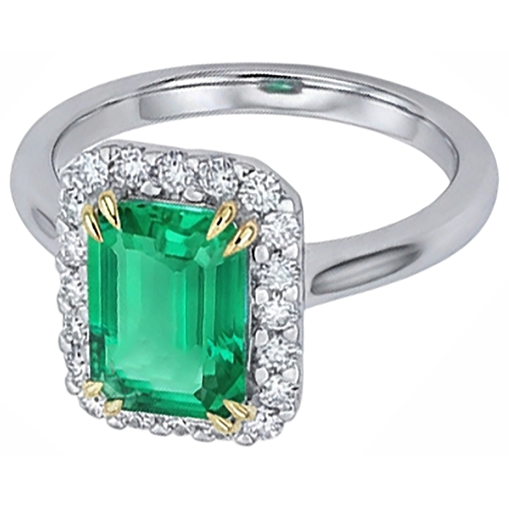 Treppen-Schliff Smaragd Ring in Zweifarbiges 14K Gold – Schrägansicht