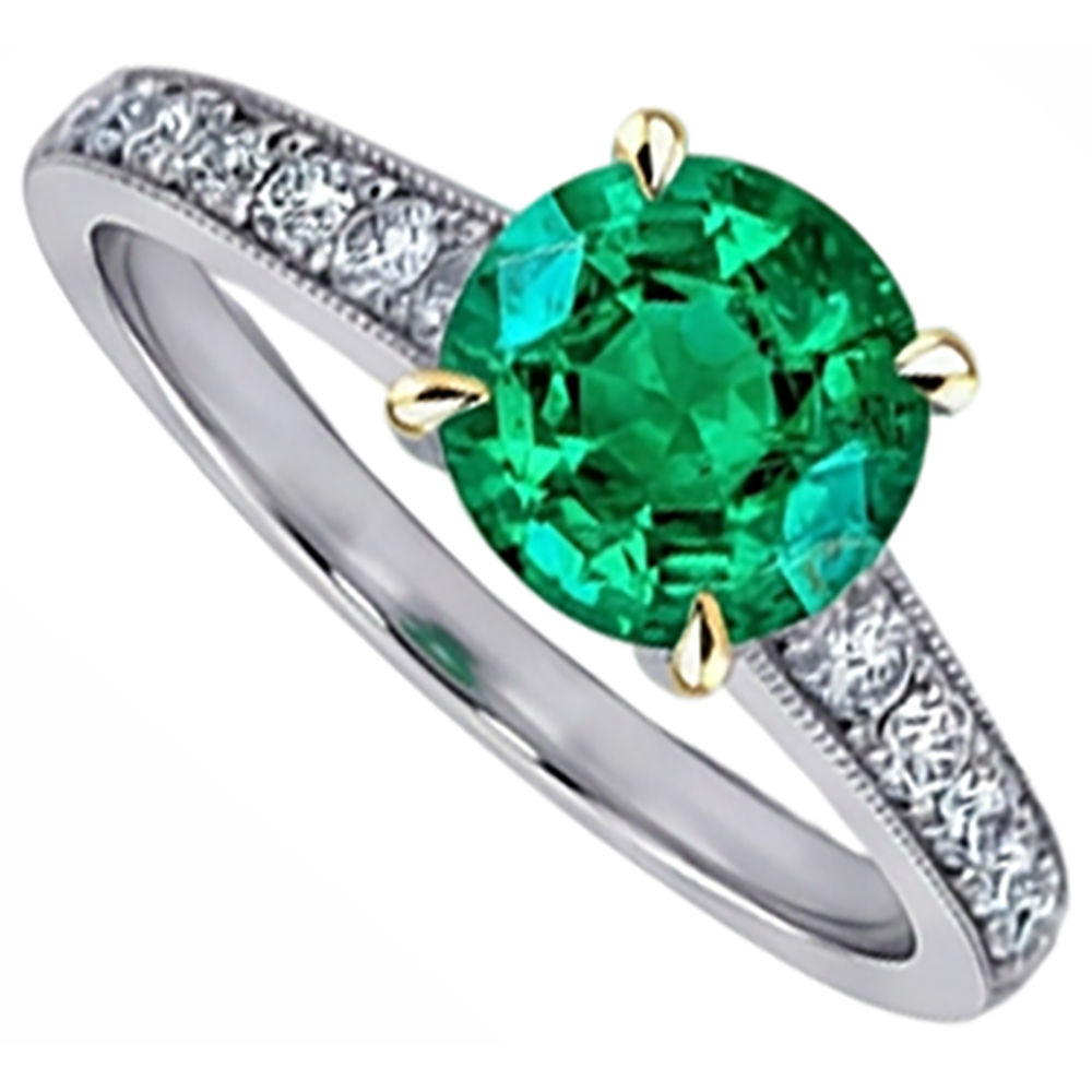 Brillantschliff Kolumbianischer Smaragd Ring in 14 Karat Zweifarbig Gold – Schrägansicht