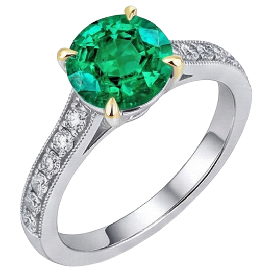 Echter Kolumbianischer Smaragd Schmuckstein-Ring 2,50 Karat 14 Karat Zweifarbig Gold – Frontansicht