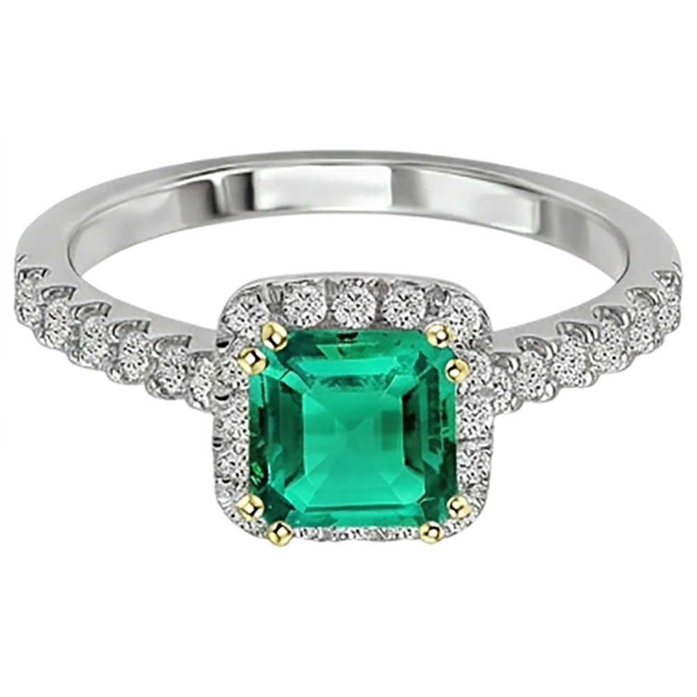 Cushion Smaragd Ring in 14 Karat Zweifarbig Gold – Schrägansicht