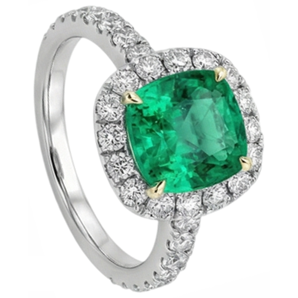 Cushion Kolumbianischer Smaragd Ring in Bicolor 14K Gold – Schrägansicht