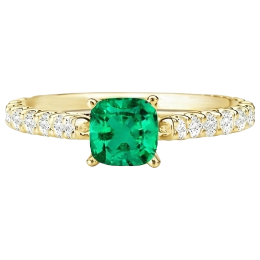 Cushion Smaragd Ring in 14 Karat Gelbgold – Frontansicht