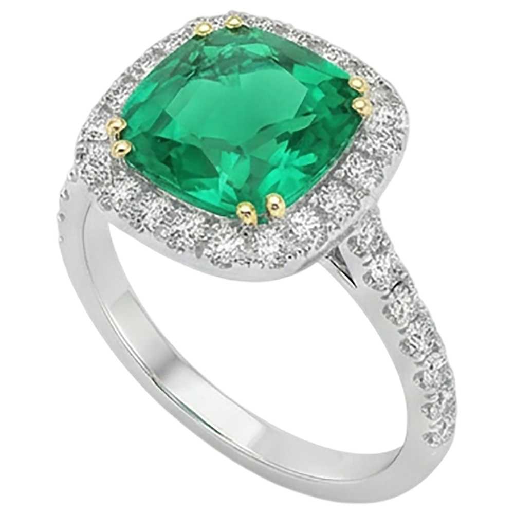 Edler Smaragd Cushion Farbstein-Ring in Bicolor 14K Gold – Profilansicht