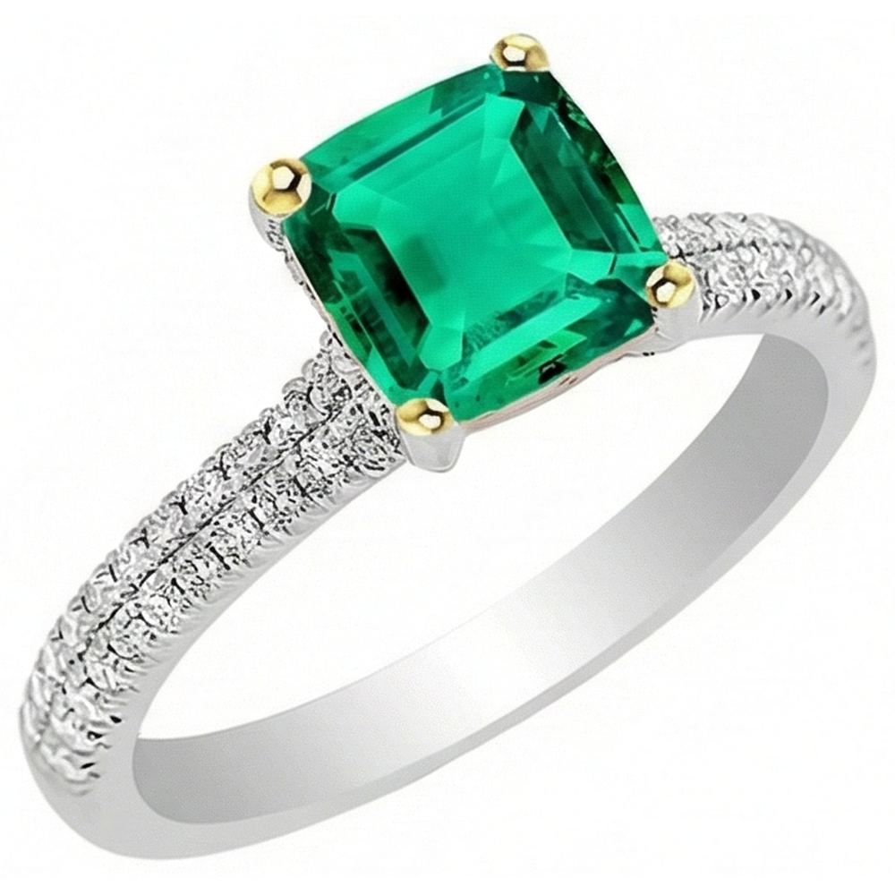 Kissen-Schliff Smaragd Ring in Zweifarbiges 14K Gold – Seitenansicht
