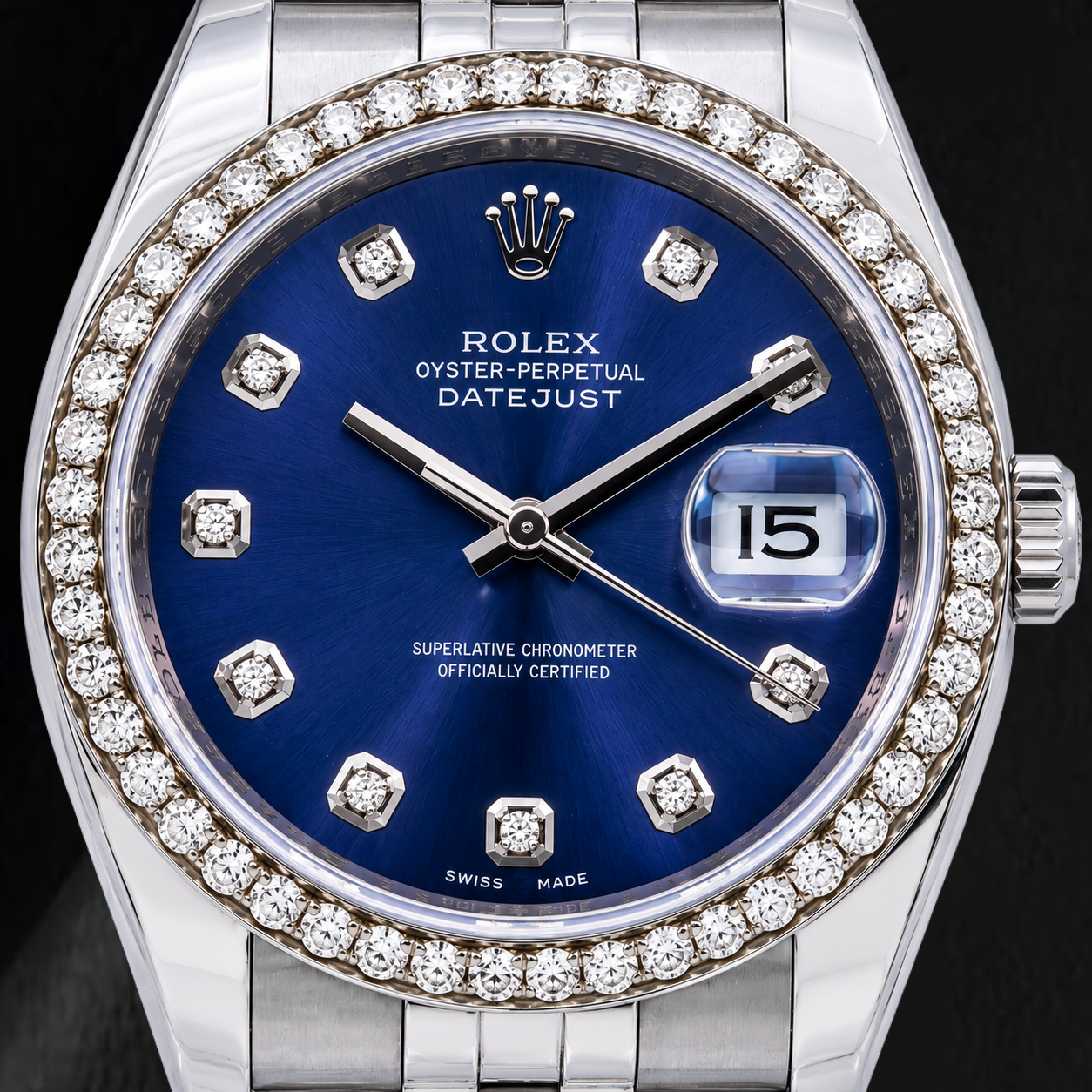 Rolex 16200 Datejust 36 mm Edelstahl-Uhr mit blauem Diamantzifferblatt