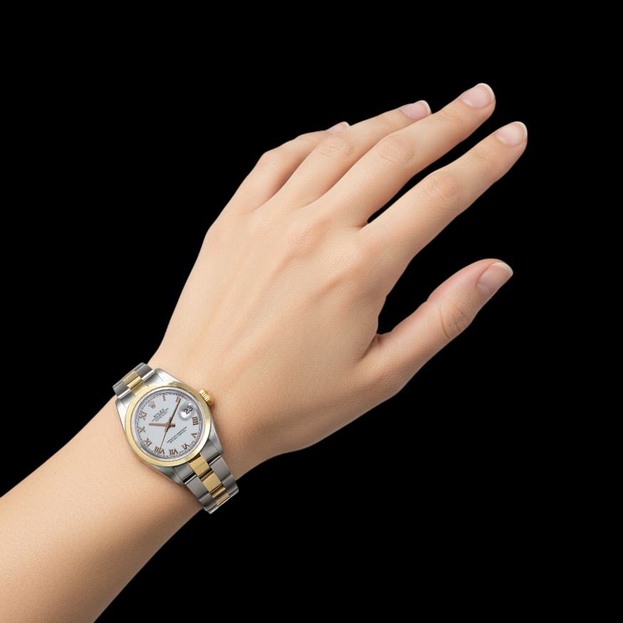 Dame Date-just Rolex weißes römisches Zifferblatt, 31 mm Goldstahluhr