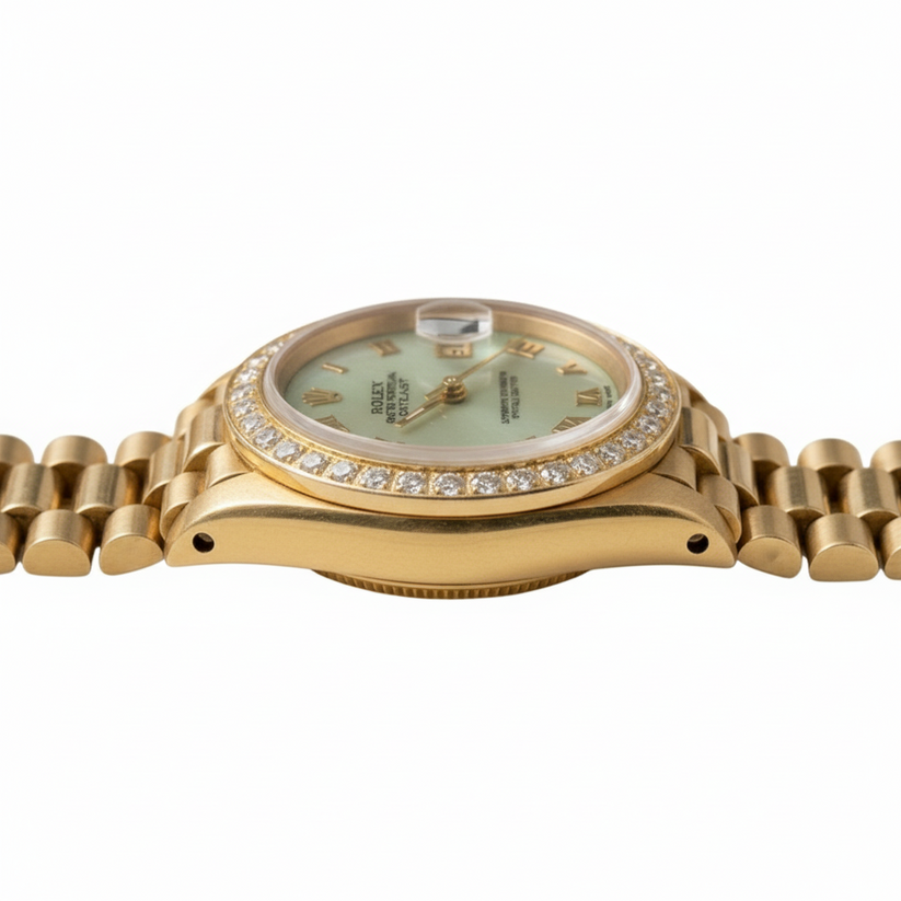 Dame Mop Präsidentenuhr mit römischem Zifferblatt, Rolex Datejust, Diamantlünette, Gold