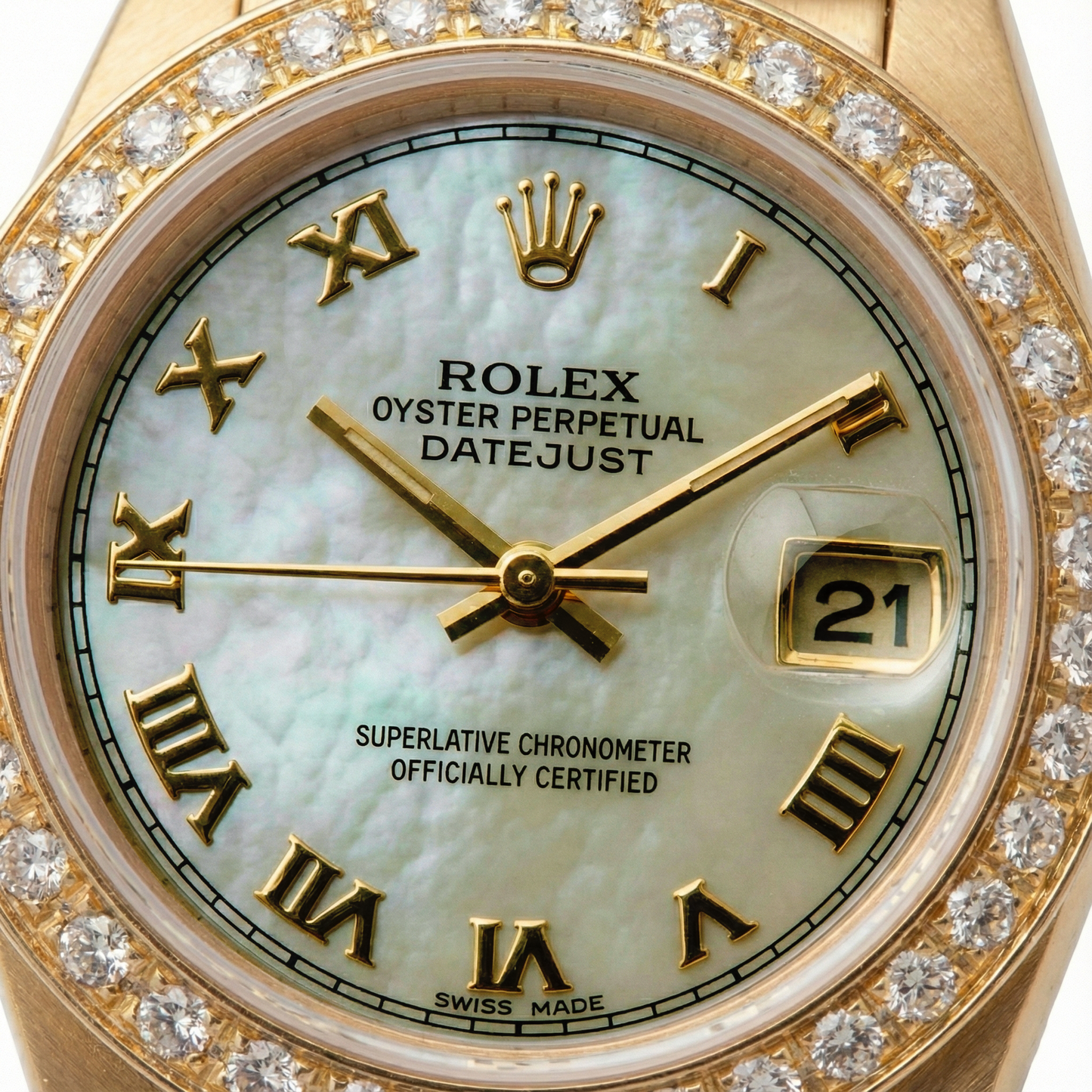 Dame Mop Präsidentenuhr mit römischem Zifferblatt, Rolex Datejust, Diamantlünette, Gold